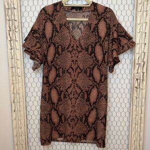 Olivaceous Snakeskin Print Ruffle Sleeve Dress